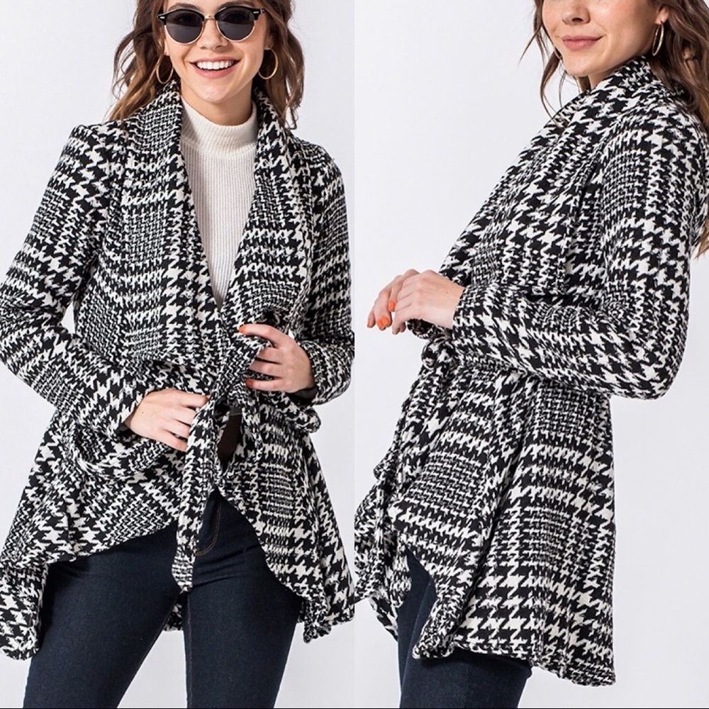 ♦️Houndstooth Uneven Hem Jacket with Belt